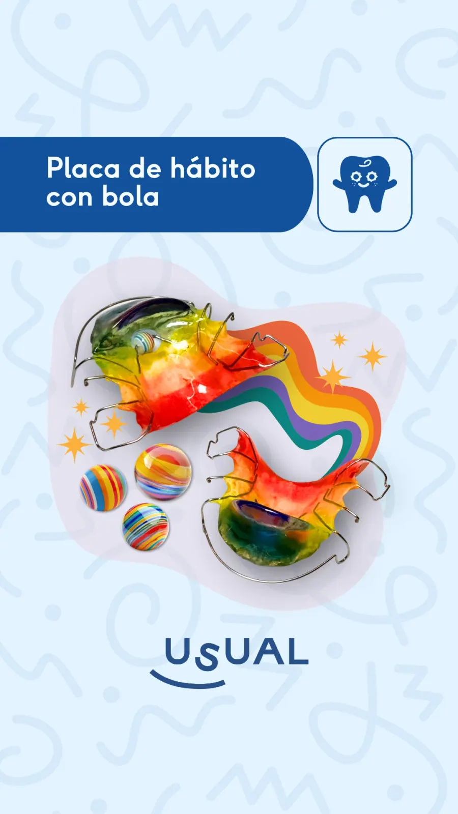 Portada de reel Usual Dental Lab · 'Placa de hábito con bola' — composición creativa con brackets de colores