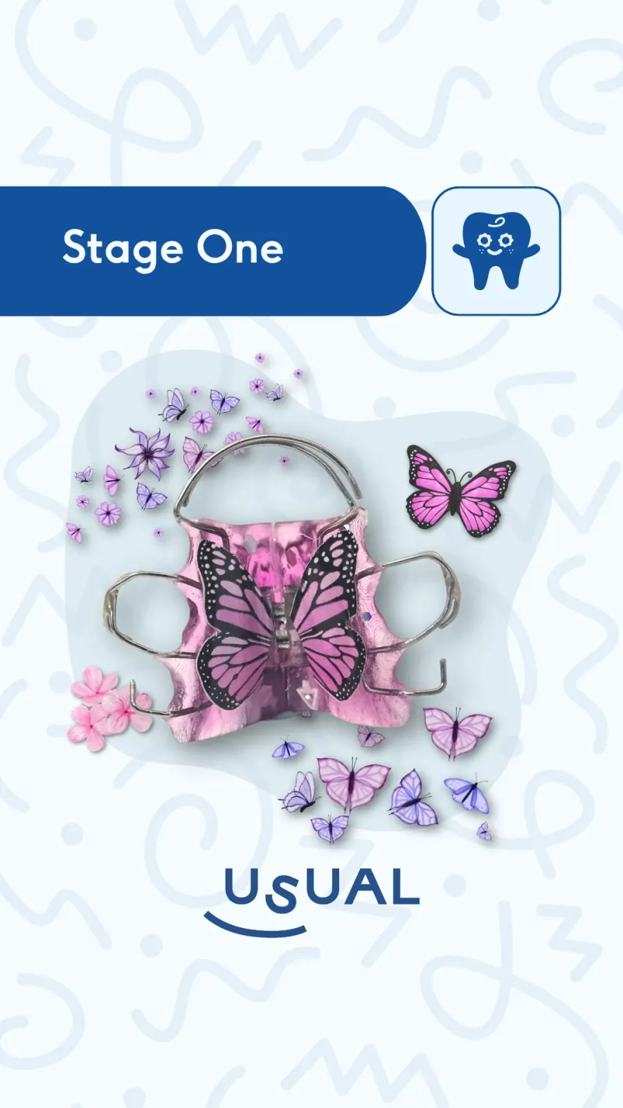 Portada de reel Usual Dental Lab · 'Stage One' con motivos de mariposas rosas