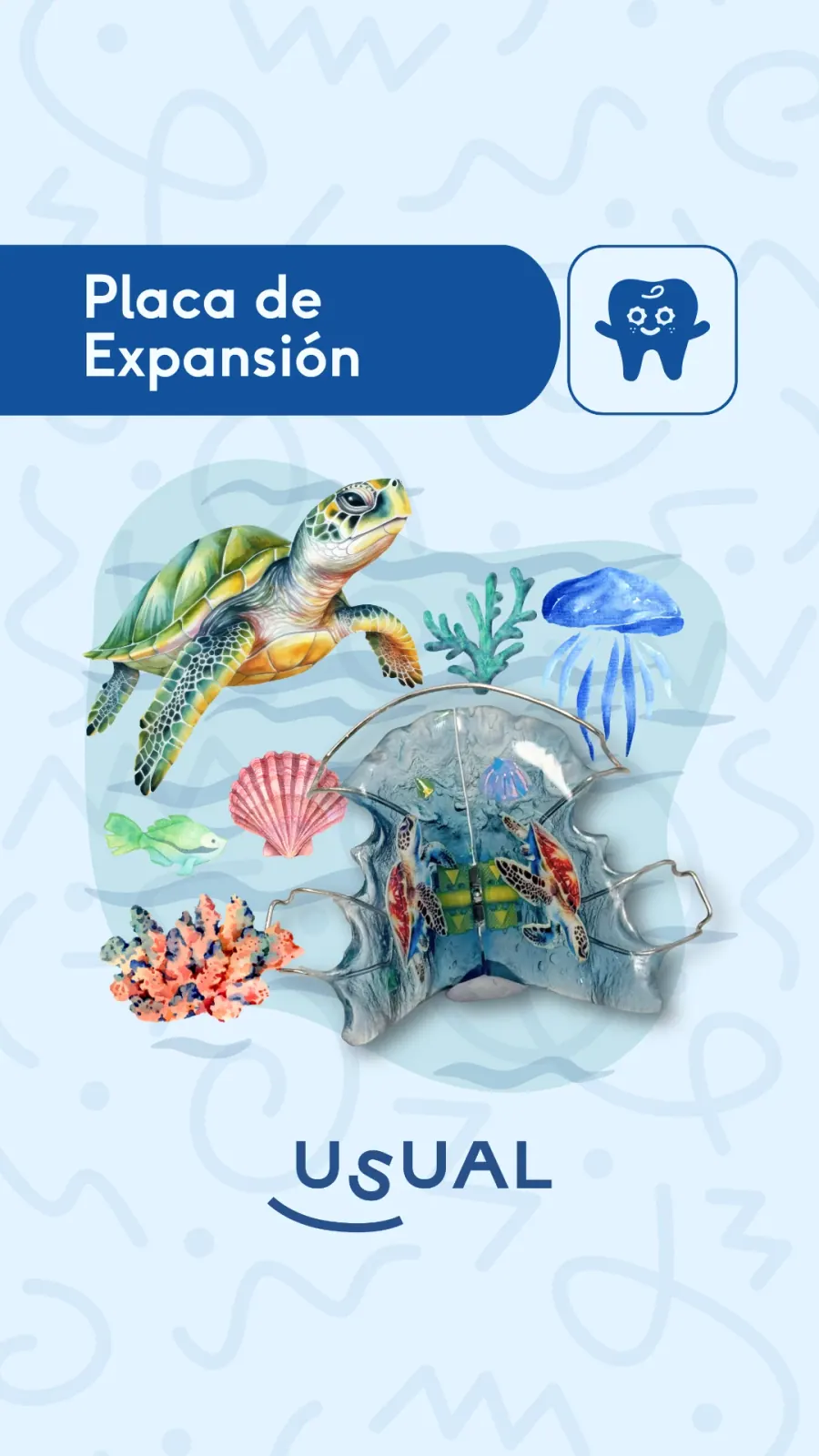 Portada de reel Usual Dental Lab · 'Placa de expansión' con fauna marina ilustrada (tortuga, coral, medusa)