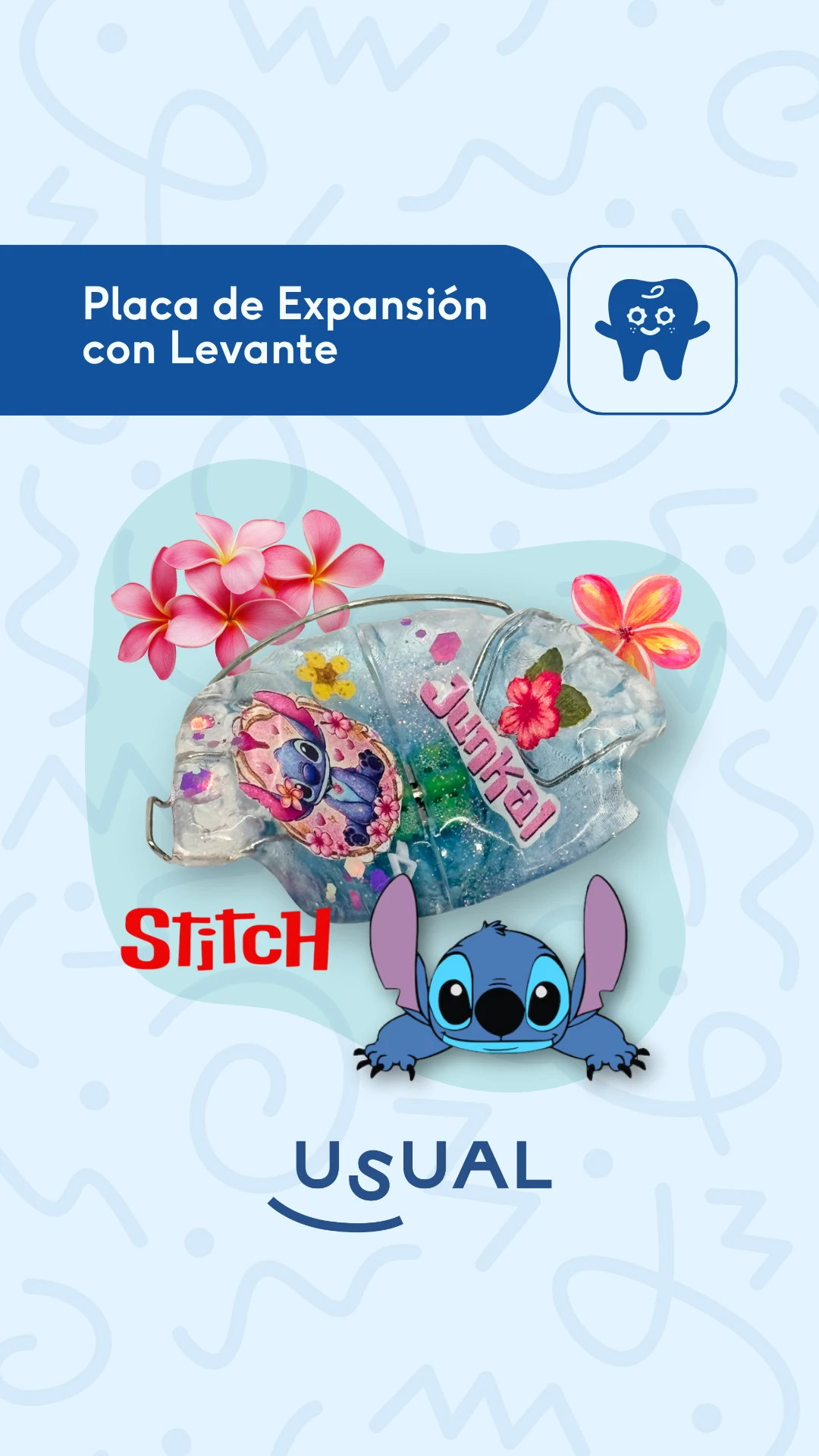 Portada de reel Usual Dental Lab · 'Placa de Expansión con Levante' edición Stitch con flores rosadas