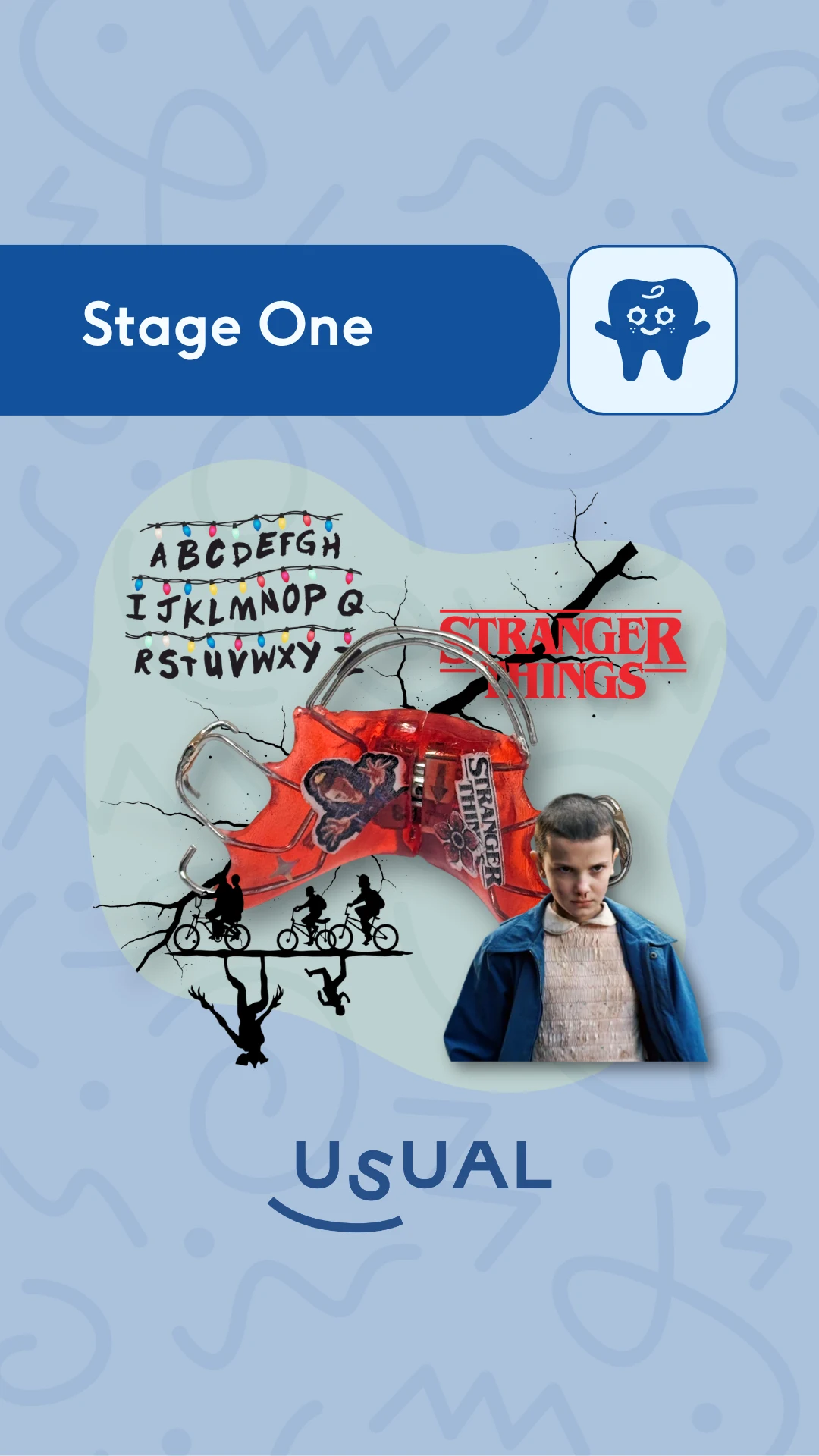 Portada de reel Usual Dental Lab · 'Stage One' edición Stranger Things con luces, alfabeto y personaje Eleven