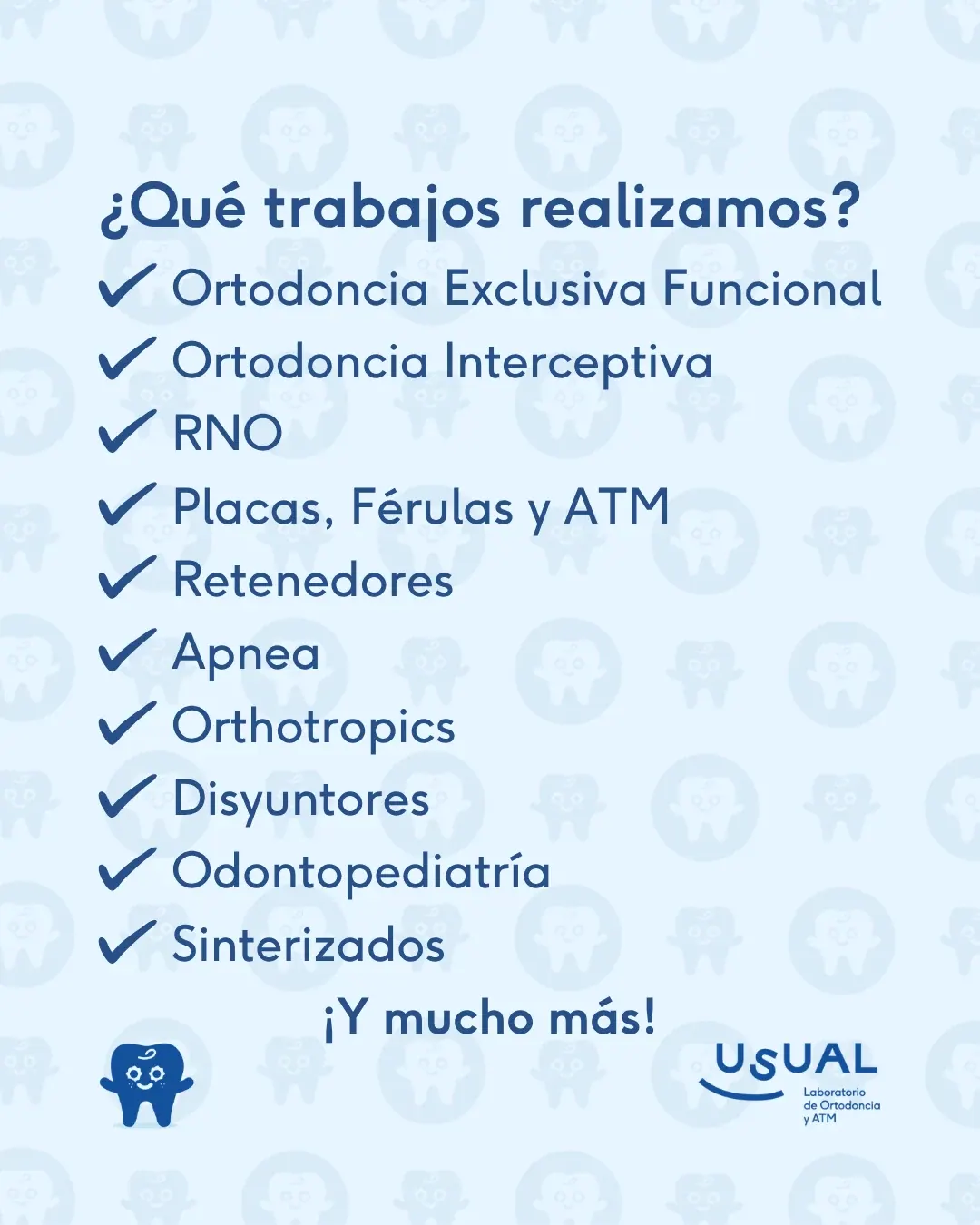 Carrusel Usual Dental Lab · listado de trabajos: Ortodoncia Exclusiva Funcional, Interceptiva, RNO, Placas, Férulas y ATM…