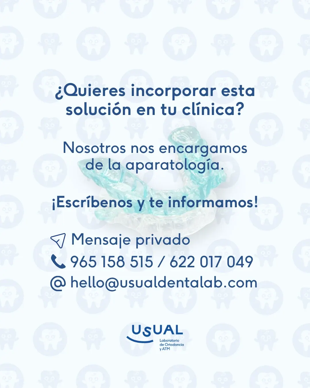 Snorky Antirronquidos · '¿Quieres incorporar esta solución en tu clínica?' con datos de contacto Usual Dental Lab
